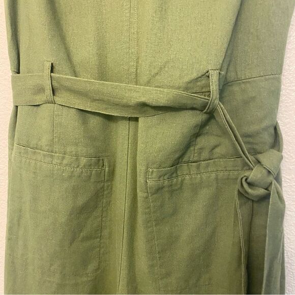 Dip v neck linen blend green tie waist lagenlook boho jumpsuit romper wide leg 6 - Picture 6 of 12